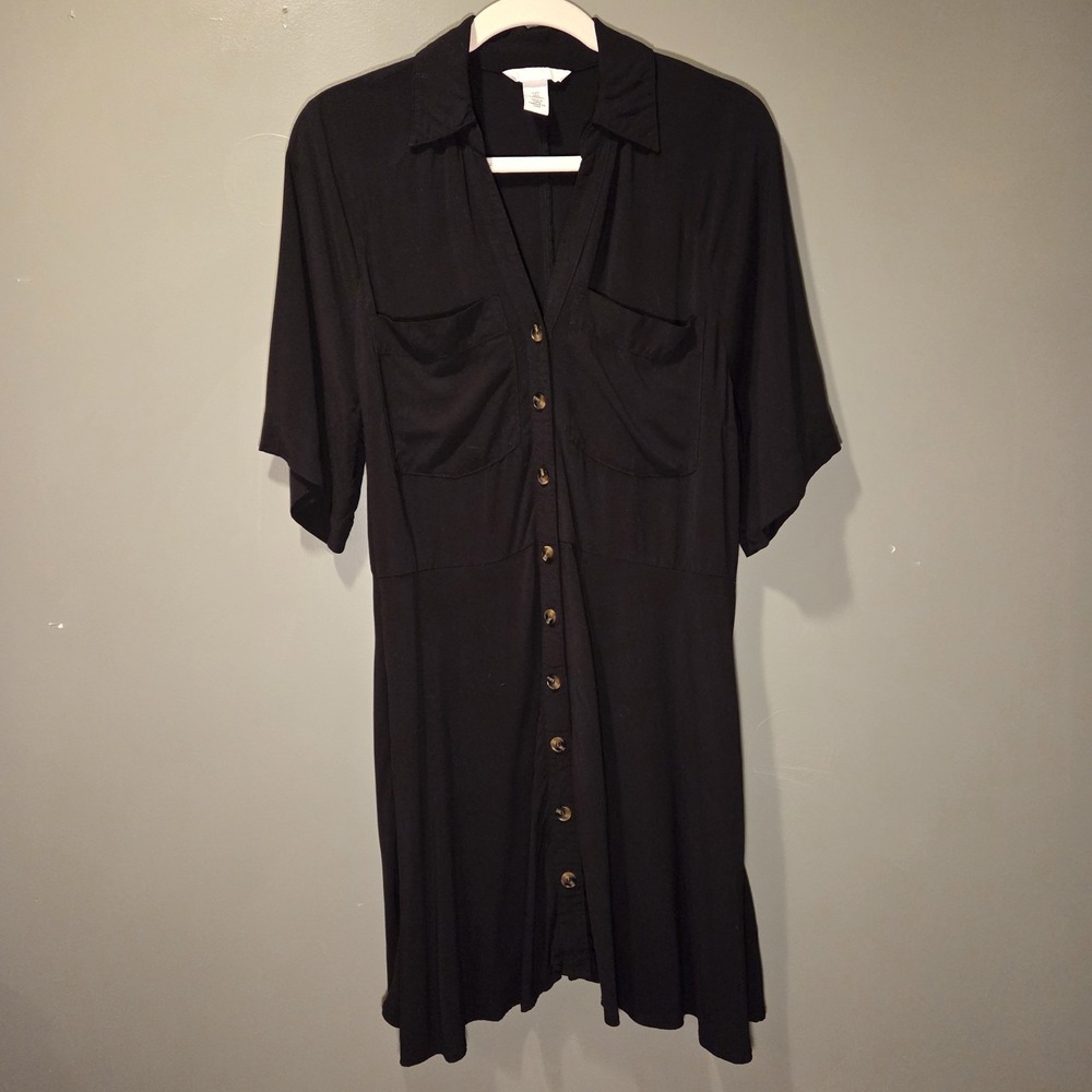 H&M Button Up‎ Shirt Dress Short Sleeve, Women's Size S, Black